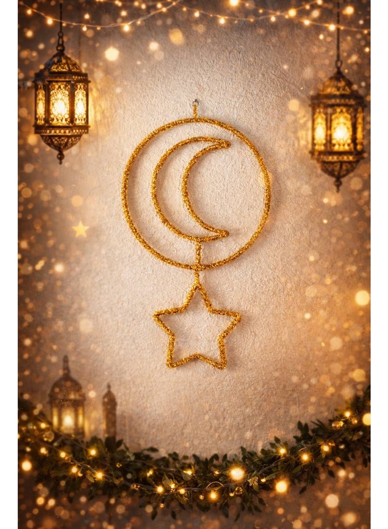 هوميرا زينة منزلية أنيقة على شكل هلال ونجمة ذهبية، تُعلق على الجدران والرفوف والطاولات، تُضفي لمسة دافئة وراقية على ديكور منزلك. قطعة ديكور أنيقة، وحدة واحدة. - Image 1